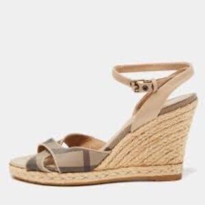 Burberry Check Canvas and Leather Espadrille Wedge Sandals 39